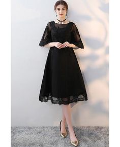 Shop Black Knee Length Homecoming Party Dress with Sheer Sleeves online. All instock with free shipping. Pro since 2009. Summer Lace Evening Dress For Formal Events, Summer Formal Lace Evening Dress, Summer Lace Evening Dress For Formal Occasions, Black Lace Evening Dress For Banquet, Knee-length Evening Dress For Banquet, Spring Party Lace Evening Dress, Fitted Knee-length Lace Dress For Prom, Fitted Lace Knee-length Dress For Prom, Lace Midi Evening Dress For Party