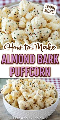 Almond bark puffcorn is a 2 ingredient, 10-minute recipe! Sometimes called white chocolate puffcorn crack because it's so addicting! Whip this easy recipe up for any party or a quick snack. This popcorn sweet treat is also fun to let the kids help! Angel Poop Recipe, Almond Bark Popcorn, Popcorn Sweet, Kids Help, Bark Recipe, Almond Bark, Quick Snack, Popcorn Recipes, Clean Cooking