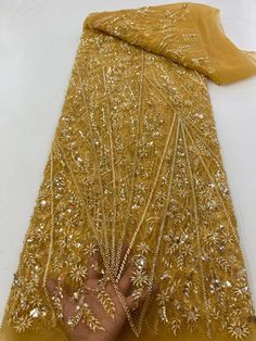 Glamorous Gold Embroidered Fabric For Wedding, Glamorous Fitted Embroidered Fabric For Wedding, Yellow Embroidered Fabric With Intricate Details For Party, Yellow Fitted Embroidered Fabric For Wedding, Fitted Yellow Embroidered Fabric For Wedding, Gold Embroidered Fabric With Rhinestones For Party, Fitted Gold Embroidered Beaded Fabric, Gold Embroidered Fabric With Rhinestones For Wedding, Gold Sequin Fabric With Rhinestones For Wedding