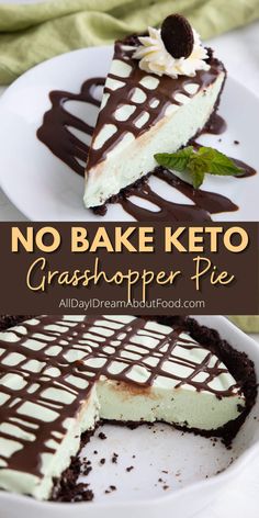 no bake keto cheesecake pie on a white plate with chocolate drizzle