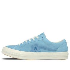 The Converse X Golf Le Fleur One Star is a sneaker that combines premium style with unbeatable comfort. The Bachelor Blue suede upper is accented with white contrast stitching and a floral One Star logo, while the cream vulcanized midsole ensures a cushioned ride. The orange rubber outsole provides grippy traction and completes the look. Whether you're hitting the streets or the golf course, this shoe has you covered in style. (SNKR/Unisex) White Low-top Sneakers With Contrast Stitching, Lace-up Sneakers With Contrast Stitching For Streetwear, Low-top Sneakers With Contrast Stitching For Streetwear, White Casual Sneakers With Contrast Stitching, Casual White Sneakers With Contrast Stitching, Casual Low-top Sneakers With Contrast Stitching, Leather High-top Sneakers With Contrast Stitching, Blue High-top Sneakers With Stitched Sole, White Sneakers With Contrast Stitching For Sports