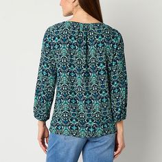 When you want to give your everyday t-shirts a rest, choose this printed women's blouse from St. John's Bay to elevate your go-to looks. It's made from lightweight crepe wth a v-neckline, three-quarter sleeves, and elastic cuffs.Fit: Regular FitNeckline: V NeckSleeve Length: 3/4 SleeveApparel Length: 26.5 InchesFiber Content: 100% RayonFabric Description: CrepeCare: Line Dry, Machine WashMaterial: RayonBody Type: AthleticCountry of Origin: Imported Printed Half Sleeve Top With Relaxed Fit, Printed Relaxed Fit Half Sleeve Blouse, Fall Printed Tops With 3/4 Sleeves, Patterned Printed Blouse With 3/4 Sleeves, Relaxed Fit Printed Tops With 3/4 Sleeves, Printed Tops With Relaxed Fit And 3/4 Sleeve, Blue Relaxed Fit Blouse With Graphic Print, Patterned 3/4 Sleeve Tops For Fall, Relaxed Fit Top With 3/4 Sleeves And Graphic Print