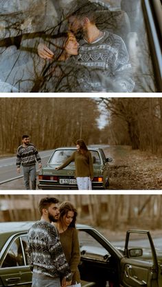 two people standing next to each other in front of a car