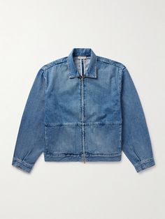 A cool deviation from classic styles, Fear of God's denim jacket is designed with a two-way zip fastening in place of traditional buttons. It has a faded blue wash and relaxed shape that adjusts with tabs at the sides. The yoke is accented with the brand's signature logo patch. Denim Jacket With Zip Fly For Streetwear, Denim Jacket With Zip Fly, Denim Blue Jacket With Zip Fly, Medium Wash Denim Jacket With Zipper Closure, God Clothing, Denim Jacket For Men, Embroidered Denim Jacket, Jacket For Men, Denim Jacket Men