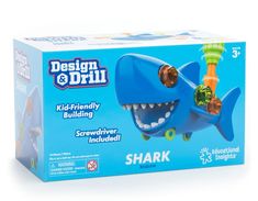 a blue box with an image of a shark on it's face and teeth