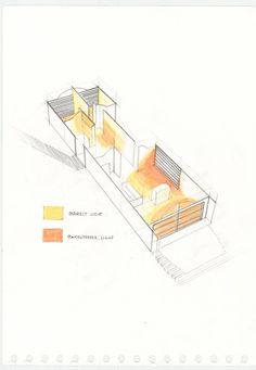 an architectural drawing of a house with orange and yellow accents