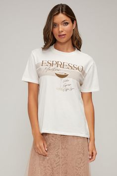 There's only one way to improve on coffee. Soft and comfy (like that super lived-in T-shirt left over from your last relationship), the Ryan Ex-Boyfriend Tee is a lightweight, cotton-blend crewneck with a relaxed, slightly oversized fit. Front Quote: 'ESPRESSO Martini; Vodka Espresso Coffee Liquer' Crew Neck Logo T-shirt For Loungewear, White Graphic Print T-shirt For Brunch, Coffee Color Crew Neck T-shirt For Everyday, Coffee Colored Relaxed Fit T-shirt With Slogan, Casual Screen Print T-shirt For Brunch, Casual Coffee Crew Neck T-shirt, Relaxed Fit Logo Print T-shirt For Loungewear, Crew Neck Logo Print T-shirt For Loungewear, White Crew Neck T-shirt For Brunch