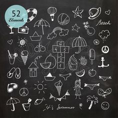 a chalkboard with different types of doodles on it and the words summer written in white