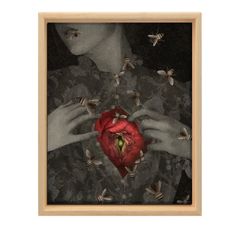 a woman holding a red heart surrounded by bees