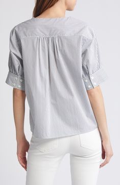 Elbow-length sleeves frame this organic-cotton poplin blouse covered in stripes and topped with a classic split neckline. 24 1/2" length (size Medium) Split neck Elbow-length sleeves 100% organic cotton Dry clean or machine wash, dry flat Imported Poplin Blouse, Elbow Length Sleeve, Cotton Poplin, Length Sleeve, Top Brands, Split, Organic Cotton, Dry Clean, Stripes