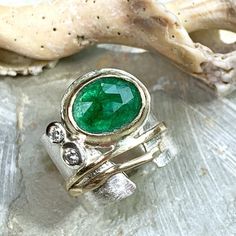 Moonbeams Ring | Etsy Emerald Gemstones With Accents For Anniversary, Unique Emerald Rings With Gemstone Accents, Oval Emerald Gemstones With Accents, Green Oval Fusion Jewelry, Fusion Style Emerald Ring For Anniversary, Bohemian Green Rings With Gemstone Accents, Green Emerald Fusion Ring, Fusion Emerald Gemstone Ring, Green Emerald Fusion Style Ring