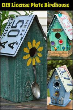 a collage of different birdhouses with spoons and signs on them, including a house shaped like a sunflower