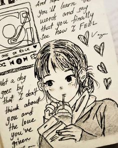 a drawing of a girl holding an umbrella in front of a tv screen with words written on it