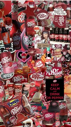 a collage of red and white items with the words keep calm, drink or pepper