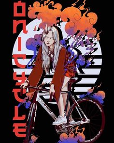 a woman riding a bike on top of a poster