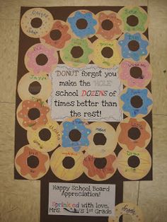 a bulletin board with doughnuts on it that says don't forget you make the dozens of times better than the rest