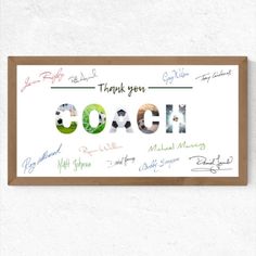 a sign that says coach on it with many different names in the letters and numbers