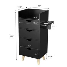 an image of a black cabinet with drawers and measurements for the top drawer on it