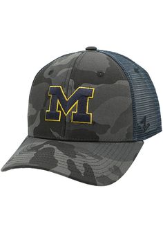 the michigan wolverines'camo trucker hat is shown in grey and blue