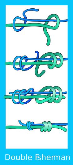 four different types of rope with the words double fisherman written on them in blue and green