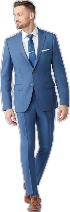 Blue Fitted Suit In Suiting Fabric, Fitted Blue Suit In Suiting Fabric, Blue Fitted Suit For Work, Classic Fitted Light Blue Suit, Fitted Wool Suit In Solid Color, Tailored Single Breasted Blue Suit, Classic Light Blue Fitted Suit, Fitted Solid Wool Suit, Tailored Single-breasted Blue Suit