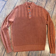 Nwt F/X Fusion Men’s Medium Sweater Burnt Orange Knit Thick 1/4 Button Retail $70 Perfect For Fall! Casual Polo Sweater With Buttons For Fall, Casual Fall Polo Sweater With Buttons, Classic Winter Henley With Button Closure, Classic Henley With Button Closure For Winter, Brown Cotton Sweater With Button Closure, Casual Winter Henley With Button Closure, Winter Brown Cotton Polo Sweater, Winter Cotton Polo Sweater With Button Closure, Brown Cotton Polo Sweater For Winter