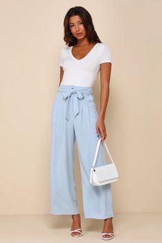 Look like a page out of style section in the Lulus Trend Alert Light Blue Belted High-Waisted Wide-Leg Pants! Linen-blend woven fabric shapes these breezy pants that have a high-waisted fit with belt loops and a sash belt. The wide legs have tailored pleating, side pockets, and end at ankle-length hems. Top button and hidden zipper fly. Blue Ankle-length Wide Leg Pants For Summer, Light Blue Fitted Bottoms For Day Out, Fitted Light Blue Bottoms For Day Out, Versatile Blue Wide Leg Pants For Summer, High Waist Light Blue Wide Leg Pants For Spring, Light Blue High Waist Wide Leg Pants For Spring, High Waist Light Blue Bottoms For Summer, High Waist Light Blue Pants For Spring, High-waist Light Blue Summer Bottoms