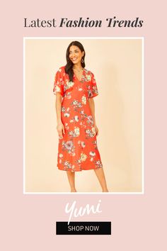 Inspired by botanical gardens, this Yumi Red Floral Kimono Midi Dress is perfect for the warmer months. Crafted from light and flowy fabric that drapes to the knee, the material tapers under the bust to create a relaxed empire line. The short kimono sleeves add movement, whilst the red and yellow palette makes it an excellent choice for a summer wedding. Red V-neck Relaxed Fit Dress, Red Relaxed Fit V-neck Dress, Red Floral Print Knee-length Midi Dress, Red Relaxed Fit Dress For Spring, Feminine Red Midi Beach Dress, Red Feminine Midi Dress For Beach, Red Floral Print Midi Dress For Daywear, Red Floral Midi Dress For Daywear, Red Viscose Dresses For Spring