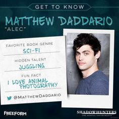 a poster with a photo of a man and the words, get to know mathew daddario