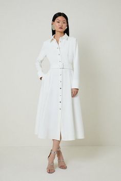 Tailored Compact Stretch Belted Shirt Dress | Karen Millen Classic Button-up Shirt Dress For Formal Occasions, Elegant A-line Shirt Dress With Button Closure, Classic Spread Collar Dress For Work, Formal Spread Collar Midi Dress For Fall, Formal Fall Midi Dress With Spread Collar, Formal Midi Dress With Spread Collar For Fall, Fall Midi Dress With Spread Collar, Formal Long Sleeve Midi Dress With Fitted Waist, Elegant A-line Midi Dress With Belt