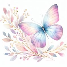 a watercolor painting of a butterfly with pink and blue wings