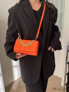 BirdinBag - Neon Orange Embossed Chain Square Bag Orange Details, Plain Style, Bag Bag, Neon Orange, Square Bag, Emboss, Color Orange, Orange Color, Pu Leather