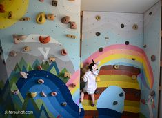 the funnest rock climbing wall ever! Learn how to make your own fun kid rock climbing wall inside your house. Diy Kids Climbing Wall, Climbing Wall Mural, Wall Climbing Kids Room, Kids Climbing Wall Indoor, Climbing Wall Kids Room, Kids Room Murals Diy, Rock Climbing Wall For Kids, Kids Rock Climbing Wall, Diy Rock Climbing Wall