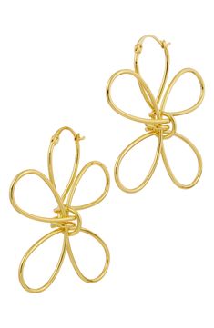 An abstract flower shaped from 18-karat gold-plated wire defines hoop earrings that bring charm to any ensemble. Hinge with snap-post closure 18k-gold plate Imported Wire Hoop Earrings, Abstract Jewelry, Jewelry Flower, Abstract Flower, 50th Wedding, Boot Accessories, Abstract Flowers, Kids Gifts, Flower Shape