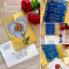 the wedding stationery is decorated with red roses and gold foil on yellow paper, along with matching envelopes