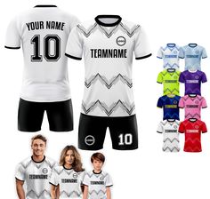 Our Custom soccer jersey are designed to be sleek and dynamic, perfect for showcases your style and energy for the match or casual day. Available in XS-5XL sizes for men, women, youth and toddler in many color options, these Personalized Soccer Jersey offer exceptional durability and resistance to wear and tear, making them an investment that will accompany you through any matches and seasons.  🎨If you have any REQUEST or OTHER DESIGN IDEA to re-custom the pattern or color, simply MESSAGE US and we'll create a preview design for you to confirm. ⚽FEATURES: - Personalized jersey with your logo, name, number. - High-quality polyester fabric, printing with no fading. - Durable, lightweight and breathable fabric keeps you cool and dry. - The moisture-wicking technology efficiently manages pers White Sportswear Jersey With Letter Print, White Letter Print Sportswear Jersey, White Short Sleeve Jersey For Sports Events, White Crew Neck Sporty Jersey, White Team Spirit Jersey With Crew Neck, White Crew Neck Jersey For Team Spirit, Fitted Sportswear T-shirt For Team Events, White Short Sleeve Sports Jersey, White Short Sleeve Sporty Jersey