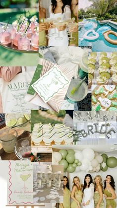 a collage of photos with green and white items on them, including balloons, cake, cupcakes, and more