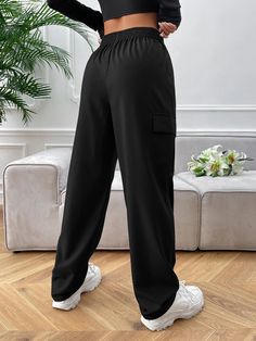 Our Flap Pocket Polyester Cargo Pants are perfect for the ruggedly casual look you're aiming for. These comfy pants are made with lightweight polyester and have an elastic waistband for easy-on-the-go wear. With all the convenient pockets, you can go anywhere - without having to lug around a big bag. So why wait? Get your cargo pants today. Specifications: Style: Casual Pattern Type: Plain Type: Cargo Pants Closure Type: Elastic Waist Details: Pocket Waist Line: High Waist Length: Long Fit Type: Black Ankle-length Joggers With Pockets, Black Ankle-length Sweatpants With Pockets, Ankle-length Bottoms With Pockets For Outdoor Activities, Ankle-length Pants With Pockets For Outdoor Activities, Black Cargo Pants With Elastic Waistband And Loose Fit, Loosely Fitted Black Cargo Pants With Elastic Waistband, High-waisted Solid Joggers With Pockets, Solid Sweatpants With Multiple Pockets, Solid Color Sweatpants With Multiple Pockets