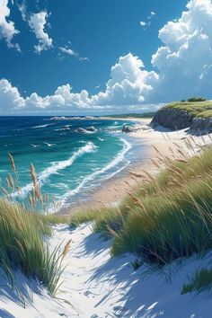 a painting of the beach with grass and sand on it's sides, under a blue sky with white clouds