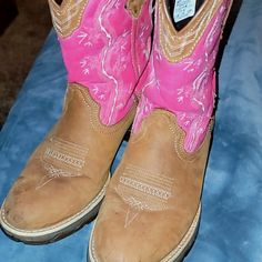 Brand New Cowgirl Boots Only Worn A Few Times. Pink Western Ankle-high Boots, Pink Ankle-high Western Boots, Pink Western Boots With Snip Toe, Pink Western Snip Toe Boots, Casual Pink Boots With Reinforced Heel, Pink Western Boots With Round Toe, Pink Western Style Closed Toe Boots, Casual Pink Snip Toe Boots, Pink High-top Leather Boots