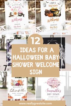 twelve halloween baby shower signs with the words 12 ideas for a halloween baby shower welcome sign