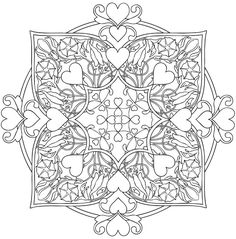 a coloring page with hearts and flowers in the center, on top of a white background