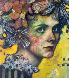 a painting of a woman with butterflies on her head