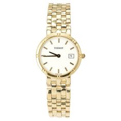 Tissot Ladies Five row panther link wristwatch. 18k gold quartz wristwatch with day date. Circa 2000's. Full length may be shortened. Length just under 7.25 Inches. Length: 35.05mm Width: 26mm Band width at case: 14mm Case thickness: 5.05mm Band: 18k gold band Crystal: sapphire Dial: white with gold markers Outside case: 750 Inside case: Tissot 18k 750 Movement: 251.041 6 jewel quartz 46 grams Please Note, we photograph each item as accurately as possible. However due to monitor/mobile device resolution and calibration, we understand some photos may vary in appearance. If you are not satisfied, we offer a 30-day full money back return policy. Follow us on our 1stDibs storefront to view our weekly new additions and 5 Star Reviews at Peter Suchy Jewelers. Tissot Watches Women, Tissot Watches, Gold Watches Women, Southern Belle, Mobile Device, Gold Band, Gold Bands, Gold Watch, Panther