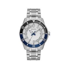 From Bulova's Fall Collection, this stainless steel watch boasts a silver white dial, black and blue rotating bezel, and three-hand quartz calendar movement. From Bulova's Fall Collection, this stainless steel watch boasts a silver white dial, black and blue rotating bezel, and three-hand quartz calendar movement.Click on this JEWELRY & WATCHES GUIDE to learn about fit, styles, materials and more! FEATURES Date windowDISPLAY Dial color: textured silver white Luminescence: hands & hour markers Fa White Stainless Steel Business Watch, White Stainless Steel Chronograph Watch, White Stainless Steel Chronograph Watch Accessories, White Chronograph Watch Accessories In Stainless Steel, White Stainless Steel Chronograph Watch With Subdials, White Stainless Steel Watches With Subdials, White Stainless Steel Watch Accessories, Three Hands, Mens Fall