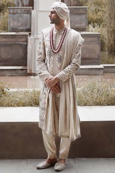 Matsya Men-Cream Udaibagh Sherwani And Kurta Set-INDIASPOPUP.COM Sabyasachi Men, Dori Work, Wedding Outfits For Groom, Sherwani Groom, Sherwani For Men, Kurta Men, Men Cream, Indian Men Fashion, Indian Groom