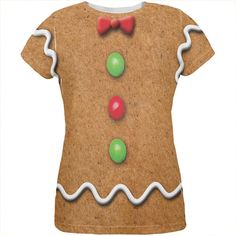 a women's gingerbread t - shirt with red and green buttons on the front