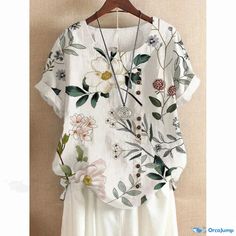 Orcajump - Vintage Linen and Cotton Loose Casual Shirt with Fashionable Print, Short Sleeve Button-Up Casual Blouses, Linen Short, Elegant Blouses, Vintage Linen, Fashion Vintage, Short Sleeve Button Up, Casual Blouse, Vintage Cotton, Casual Shirt