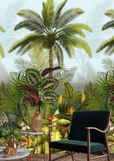 a tropical wallpaper with palm trees and flowers on the walls, along with two chairs