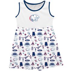 South Alabama Jaguars Sleeveless Tank Dress Girls White Repeat Print Hand Sketched Vive La Fete Impressions Sleeveless Cotton School Dress, Sleeveless Cotton Dress With Graphic Print, White Sleeveless School Dress, White Sleeveless Dress With Graphic Print, Fitted Sleeveless Cheerleading Dress, South Alabama, Repeat Prints, Tank Top Dress, Hand Sketch